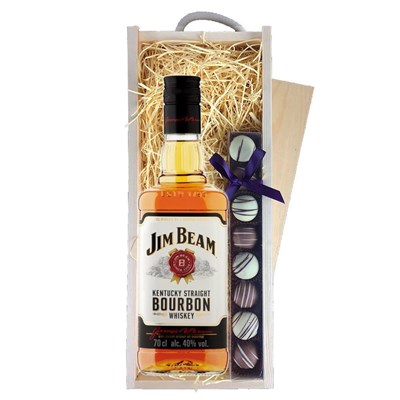 Jim Beam White Label Whisky & Heart Truffles, Wooden Box